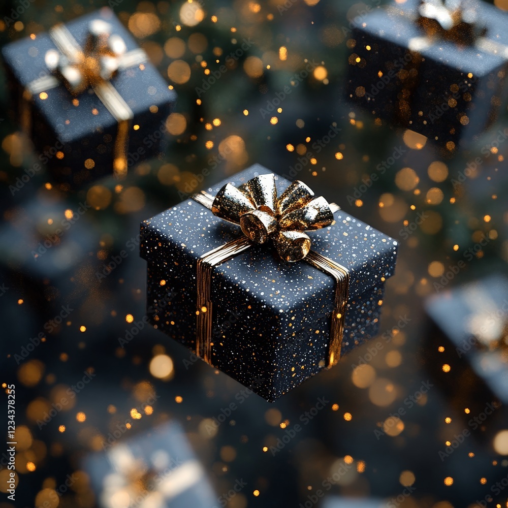 Elegant black and gold gift boxes with sparkles, perfect for conveying luxury, celebration, and festive occasions. Elegant black and gold gift boxes with sparkles, perfect for conveying luxury, celebration, and festive occasions.