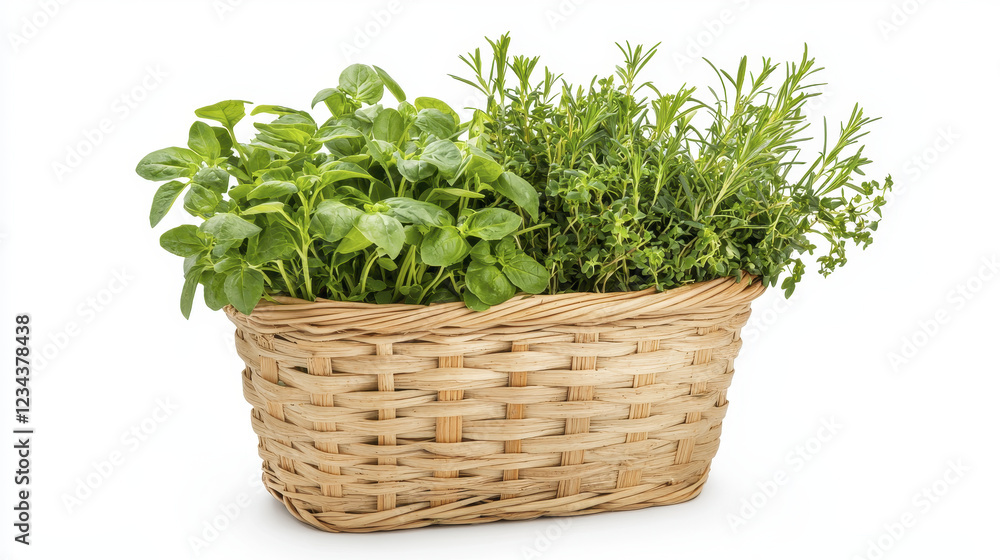 Fresh herbs in woven straw basket, perfect for cooking and decoration Fresh herbs in woven straw basket, perfect for cooking and decoration