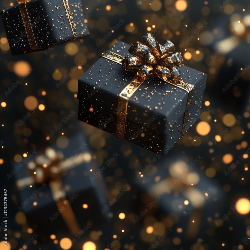 Elegant black and gold gift boxes with sparkles, perfect for conveying luxury, celebration, and festive occasions. Elegant black and gold gift boxes with sparkles, perfect for conveying luxury, celebration, and festive occasions.