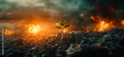 Green plant surviving in burned soil in the war zone with fire burning in the background, symbolizing hope and resilience