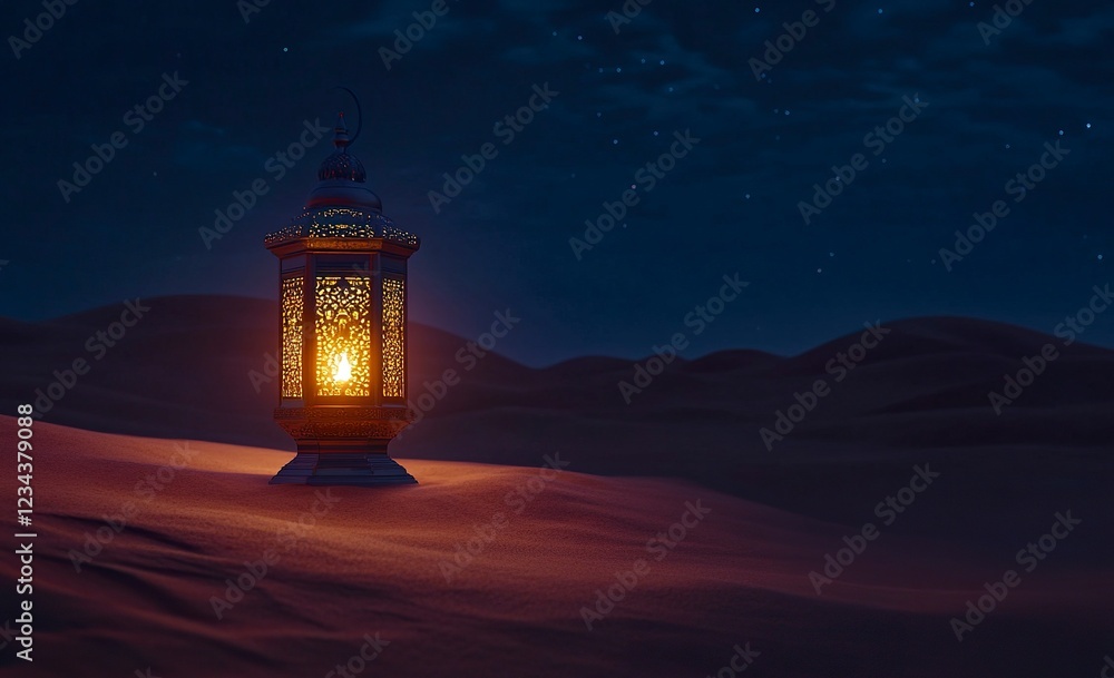 Glowing Lantern in Desert Night Landscape Glowing Lantern in Desert Night Landscape