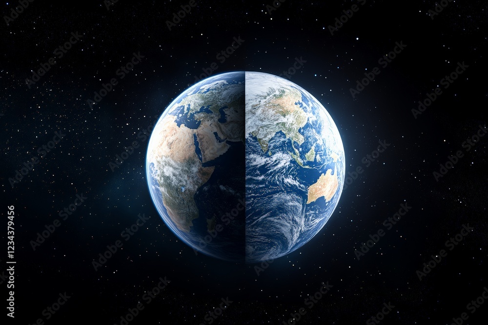 Obraz premium Earth viewed from space showing continents and oceans illuminated by sunlight against a starry background