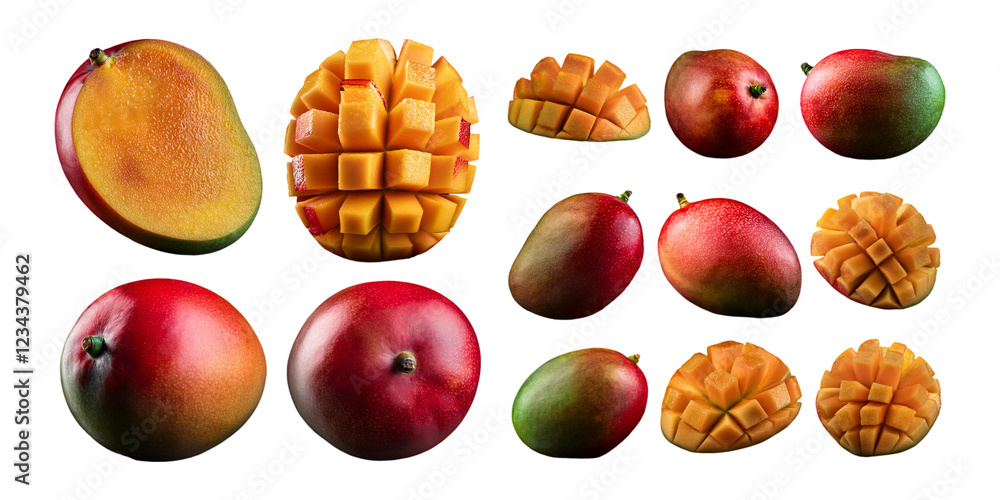 Fototapeta premium Fresh Mangoes and Sliced Mango Cubes Arrangement, PNG set collection, isolated on transparent background