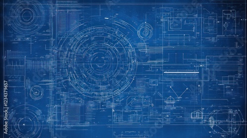 Abstract technological blueprint design on blue background.