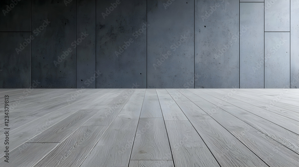 Naklejka premium Empty modern room with light grey wooden floor planks and a dark concrete panel wall background.