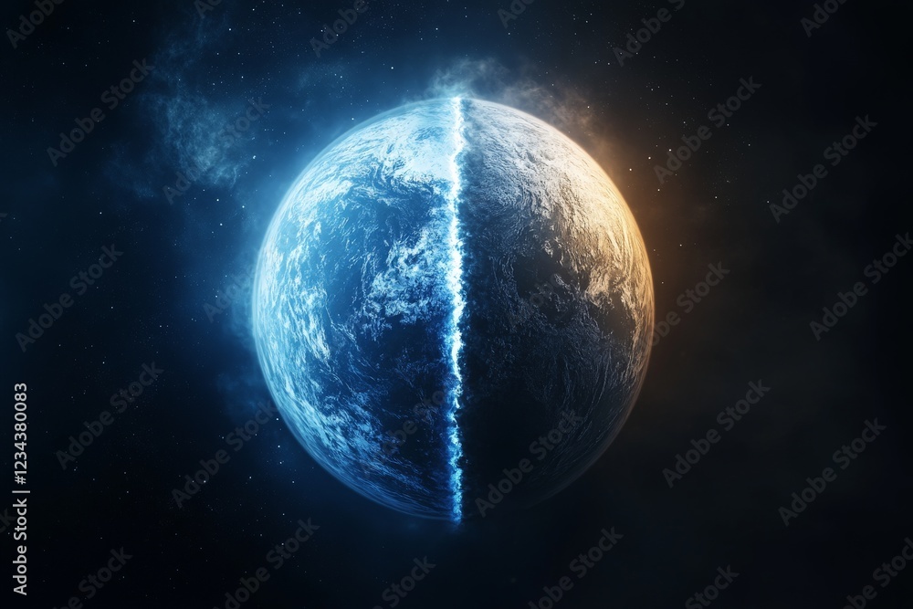 Fototapeta premium Planet with distinct blue and orange hemispheres surrounded by darkness in a starry atmosphere at night