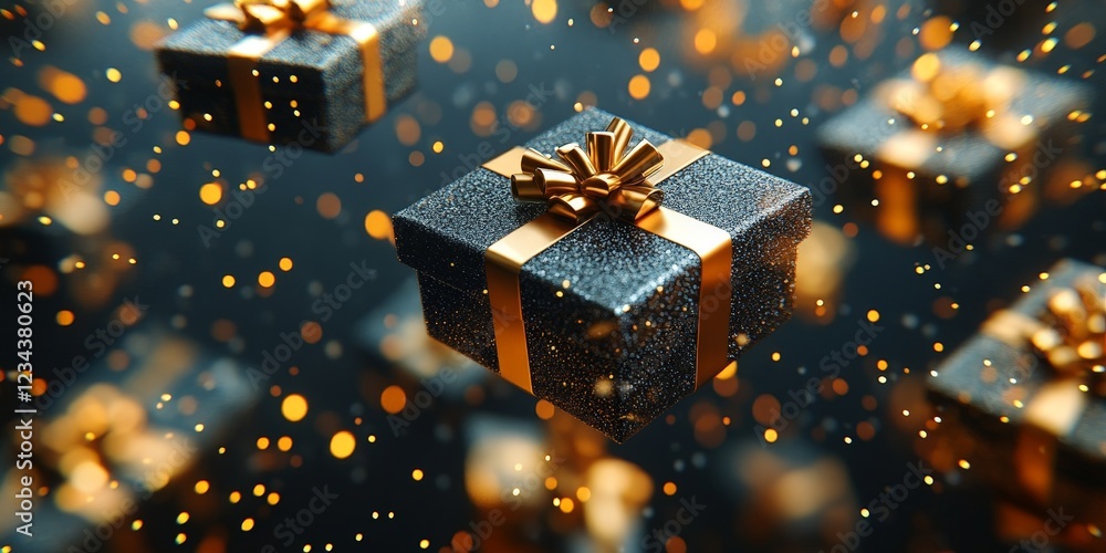 Elegant black and gold gift boxes with sparkles, perfect for conveying luxury, celebration, and festive occasions. Elegant black and gold gift boxes with sparkles, perfect for conveying luxury, celebration, and festive occasions.