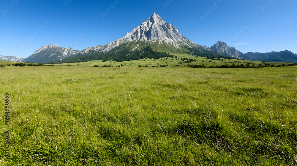 Fototapeta premium Majestic mountain peak over grassy plain, sunny day, travel poster