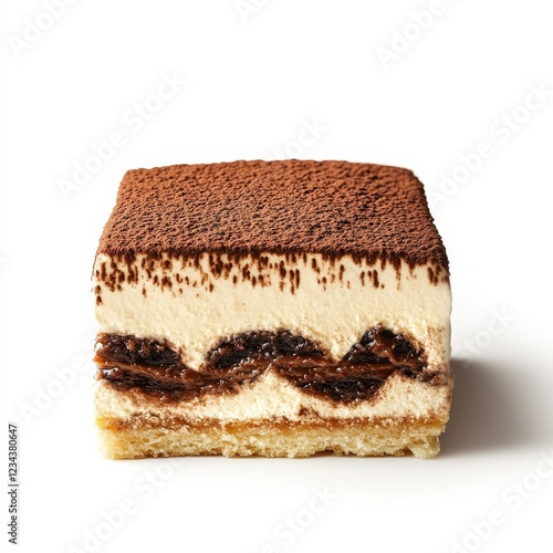 A slice of decadent tiramisu with cocoa dusting, isolated white background, realism art style photo