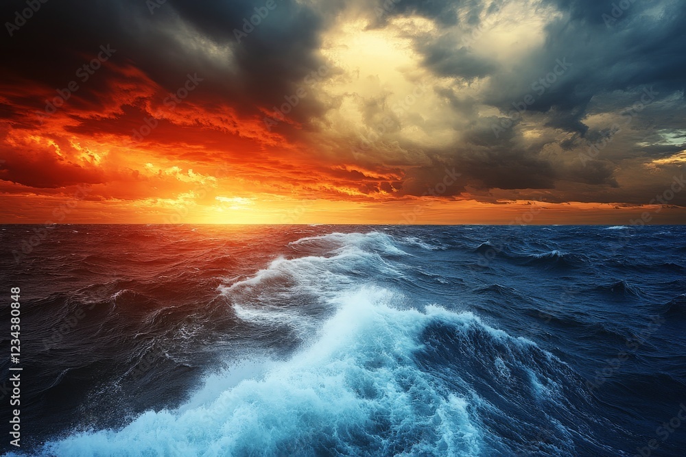 Fototapeta premium Vibrant sunset over turbulent ocean waters with dramatic clouds