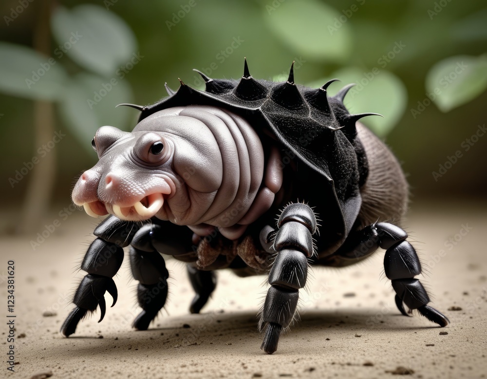 Fototapeta premium Hybrid animal between hippopotamus and black tarantula.