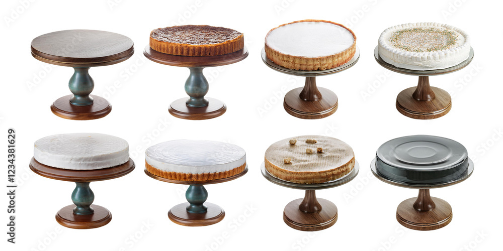 Set of wooden cake stands showcasing various baked goods from multiple angles, ideal for bakery displays, isolated on a transparent background. Set of wooden cake stands showcasing various baked goods from multiple angles, ideal for bakery displays, isolated on a transparent background.
