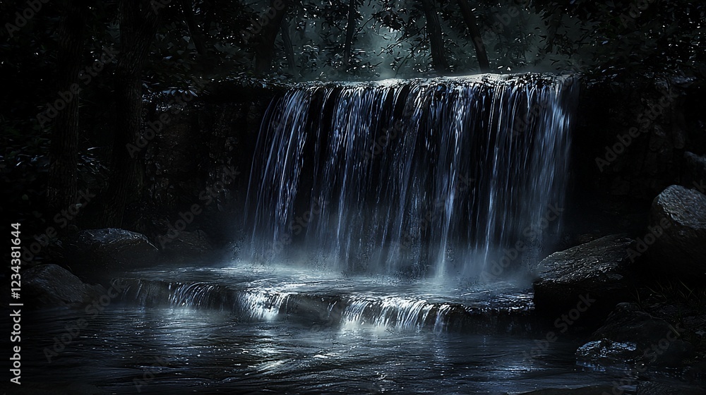 Fototapeta premium Nighttime Waterfall Cascading Through Dark Forest