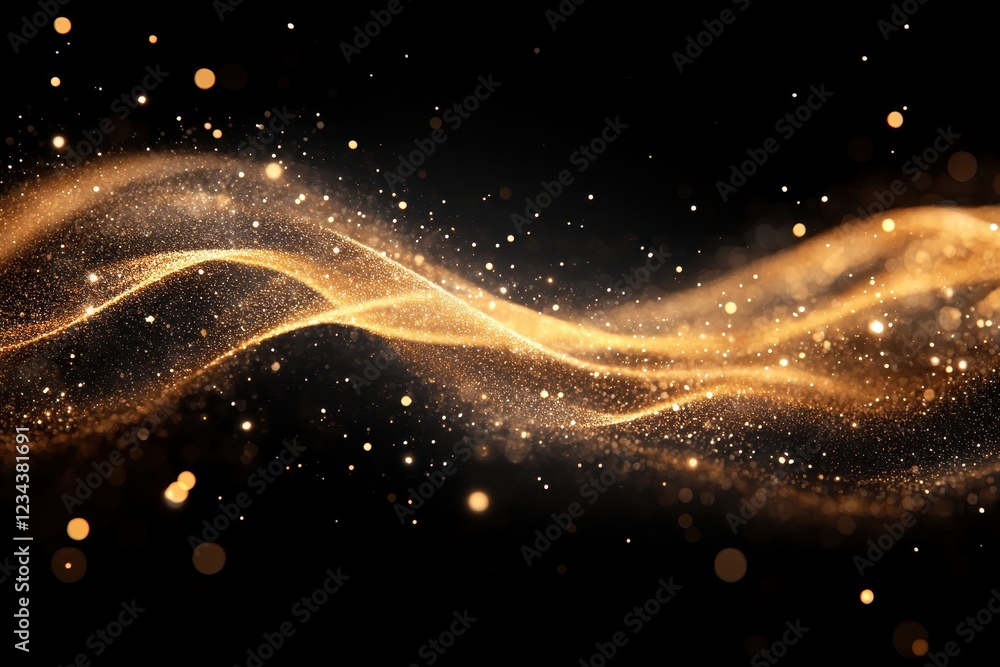 Obraz premium A shimmering wave of golden particles on a black background.
