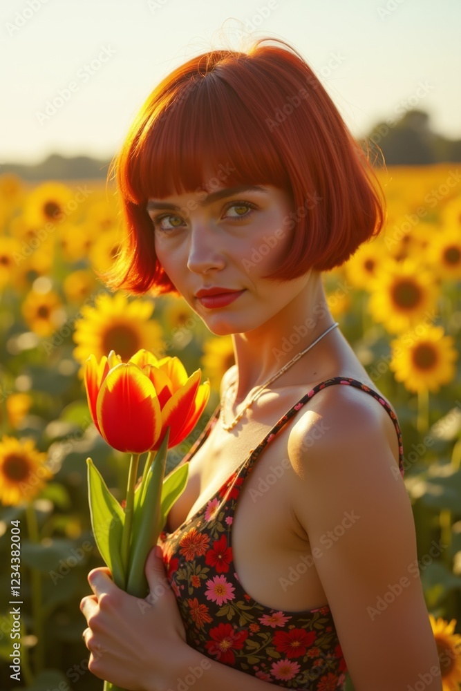 Naklejka premium Young Woman holds a flower, nature landscape, head and torso portrait.