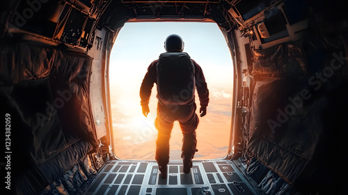 A skydiver stands at the open door of an aircraft, silhouetted against the light, channeling courage and readiness before taking a thrilling leap into the sky.