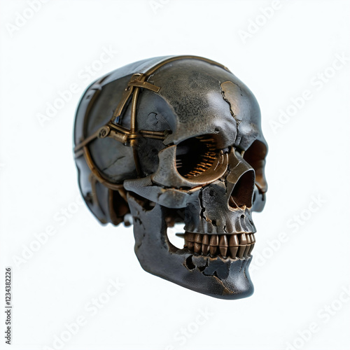 Skull made of stone and metal. Isolated on white background. Digital illustration. photo