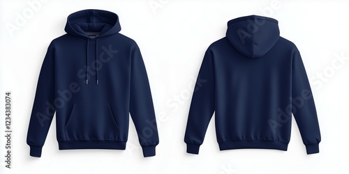 flat tidy navy blue hoodie mockup template with front and back view, isolated on a white background. photo