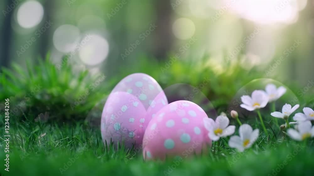 Pink Easter eggs hiding in green grass on blurred natural background. Sunny Easter landscape. Light pastel colors. Spring background with copy space Pink Easter eggs hiding in green grass on blurred natural background. Sunny Easter landscape. Light pastel colors. Spring background with copy space