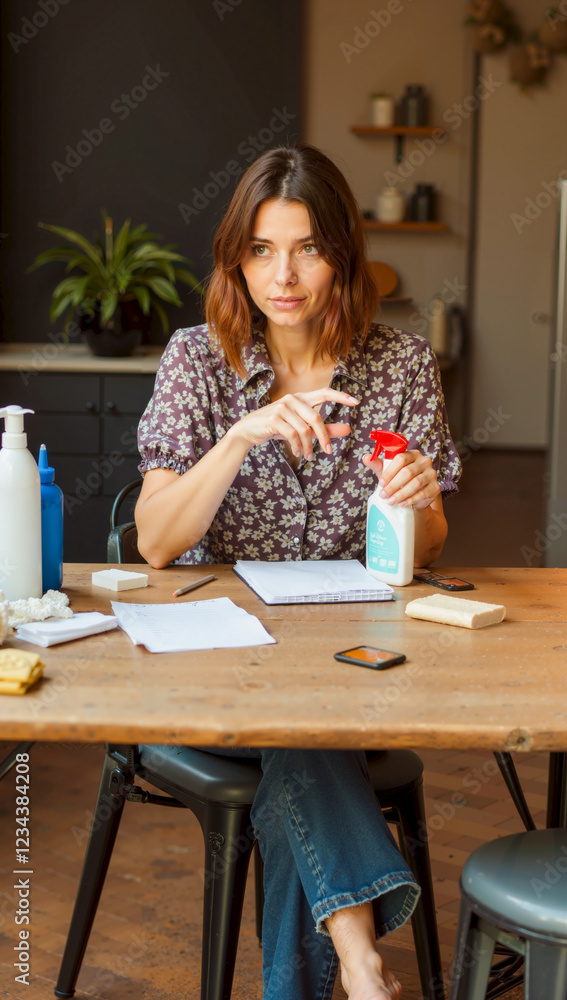 Woman at Table with Milk Bottle and Notebook Session Woman at Table with Milk Bottle and Notebook Session
