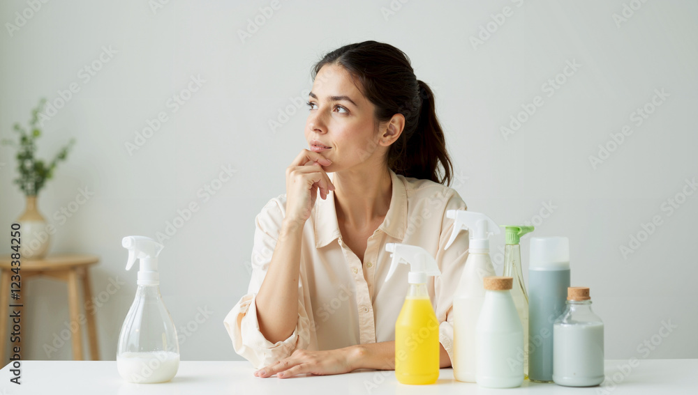 Woman at Table Surrounded by Various Cleaning Product Bottles Woman at Table Surrounded by Various Cleaning Product Bottles