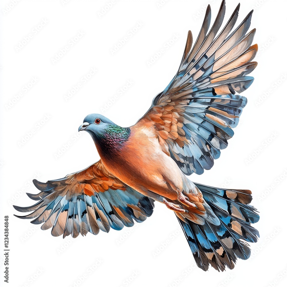 Fototapeta premium Majestic Flying Bird with Colorful Feather Details Captured in Mid-Flight Against a White Background
