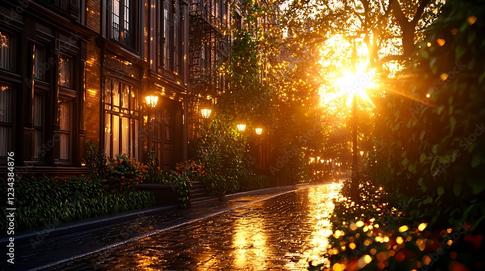 Naklejka premium Golden Hour Sunset on a Rainy City Street