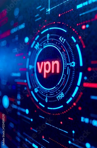 Close-up of a futuristic VPN digital interface, with neon red and blue lights. Image features intricate data streams, symbols, and network connections, representing cybersecurity and digital privacy. photo