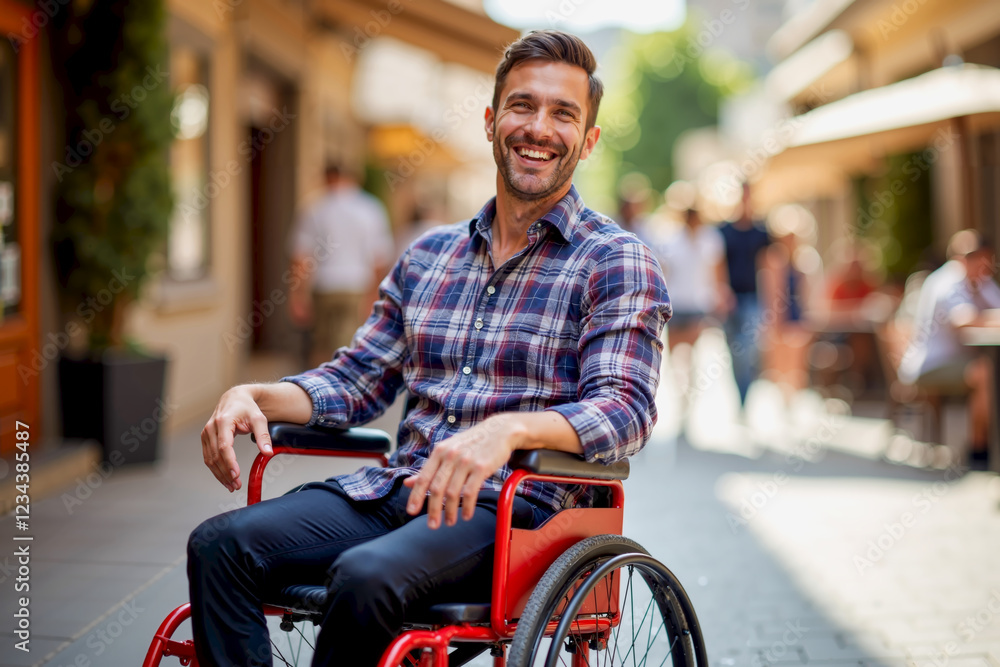 Obraz premium Smiling Man in Wheelchair Enjoys Life on a Busy Street