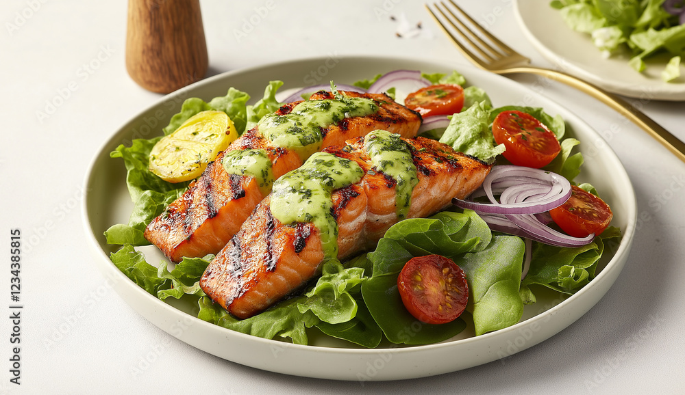 Grilled salmon with fresh vegetable salad and avocado guacamole, a healthy and delicious meal option. Grilled salmon with fresh vegetable salad and avocado guacamole, a healthy and delicious meal option.