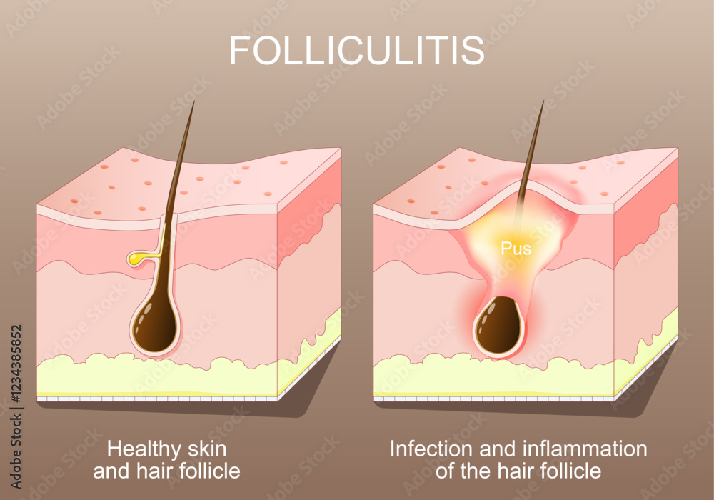 Obraz premium Folliculitis. Healthy skin before and after Infection and inflammation of the hair follicle. Acne