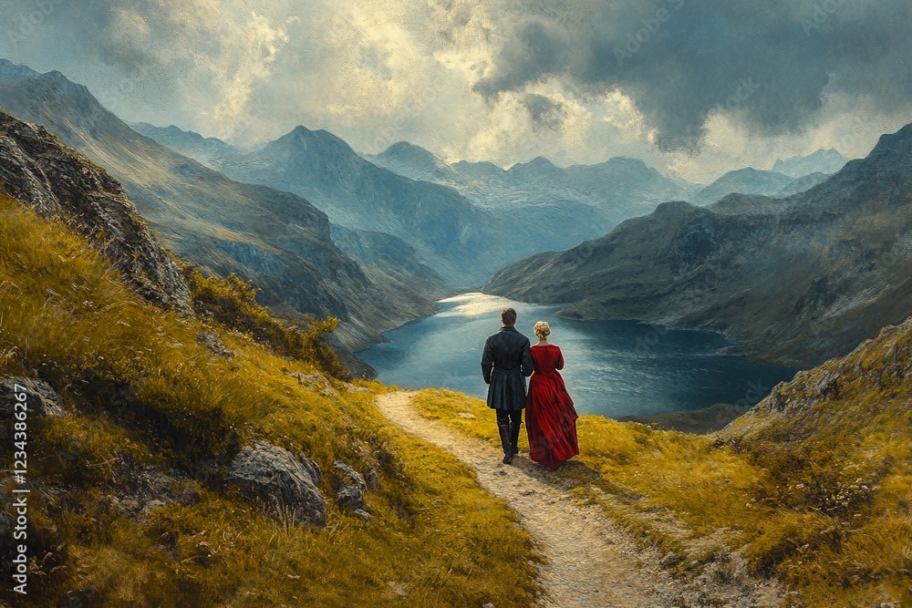 Fototapeta premium Shot of a couple going for a hike up the mountain, lake in the background