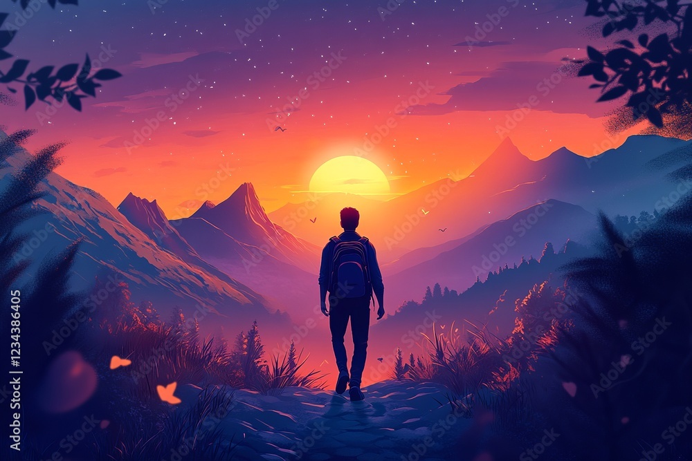 Man walking with backpack in front of sun with beautiful nature landscape and mountains in background. Hiking and freedom concept. Vector illustration Man walking with backpack in front of sun with beautiful nature landscape and mountains in background. Hiking and freedom concept. Vector illustration