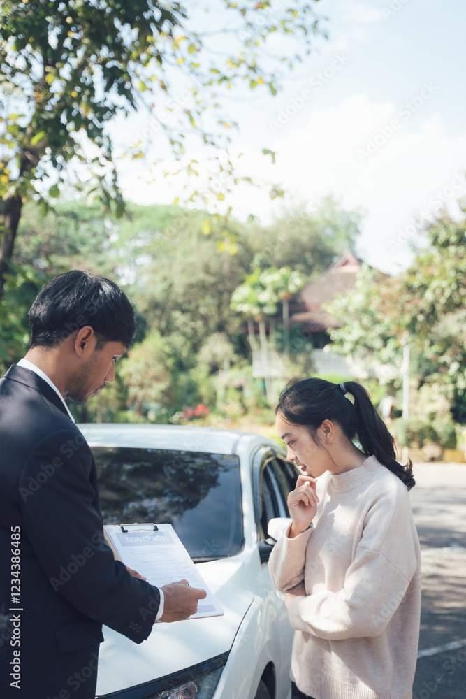 Car Accident Claim: A concerned woman reviews paperwork with an insurance adjuster following a car accident. The scene unfolds outdoors, near her damaged vehicle. Car Accident Claim: A concerned woman reviews paperwork with an insurance adjuster following a car accident. The scene unfolds outdoors, near her damaged vehicle.