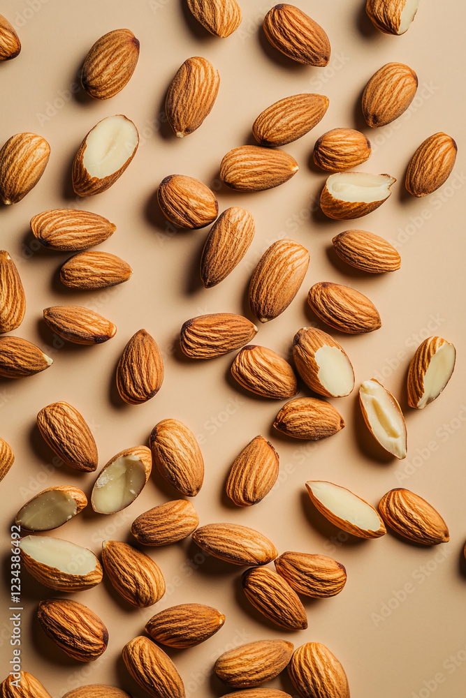 An overhead shot of whole and broken almonds scattered on a light beige surface, symbolizing natural snacks, healthy eating, and organic ingredients. The almonds are raw and unprocessed. An overhead shot of whole and broken almonds scattered on a light beige surface, symbolizing natural snacks, healthy eating, and organic ingredients. The almonds are raw and unprocessed.