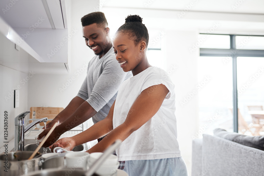 Obraz premium Black couple, dishes and cleaning germs in home, chemical disinfection and teamwork for hygiene. People, morning chores and cutlery sanitation with antibacterial soap, remove dirt and housekeeping