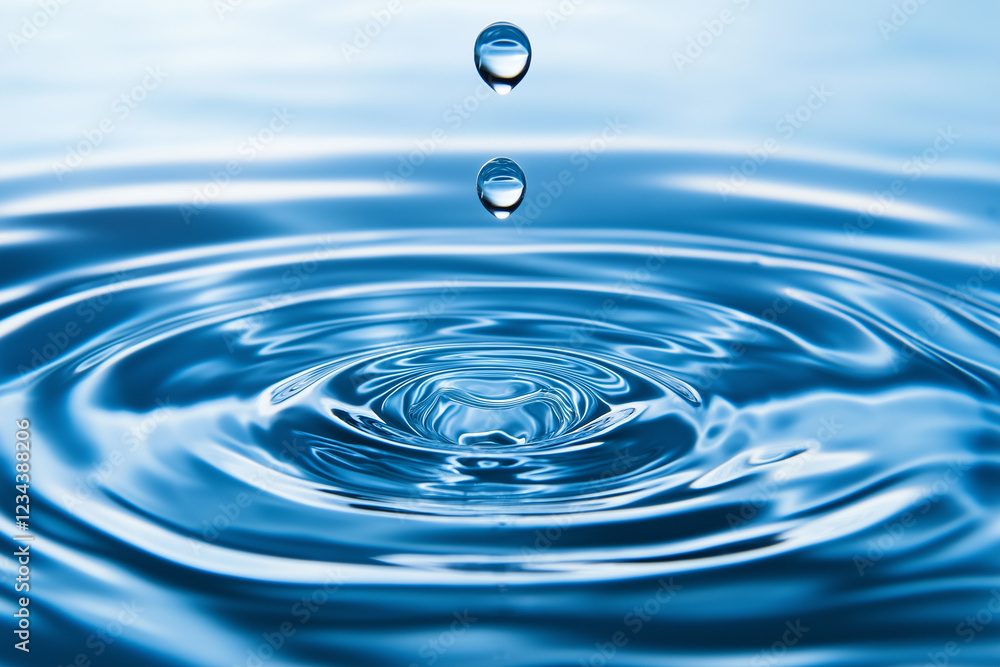 Crystal clear water drop falls, forming a smooth wave as it meets the surface with a soft impact Crystal clear water drop falls, forming a smooth wave as it meets the surface with a soft impact