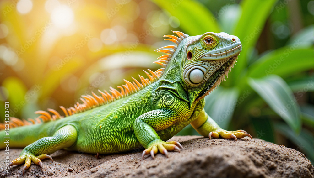 Majestic green iguana basking on sunlit rock, tropical serenity Majestic green iguana basking on sunlit rock, tropical serenity