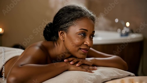 Senior African-American woman stretched out on a spa couch smiling in relaxation