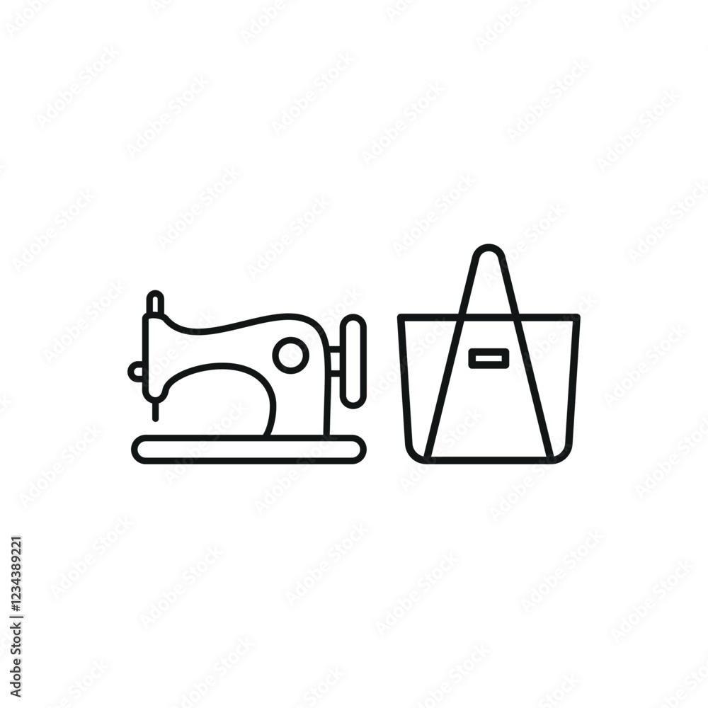 Sewing machine and bag set icon represents craftsmanship in tailoring and accessory design, perfect for handbag makers, custom tailoring services, fashion branding, and artisan sewing visuals. Sewing machine and bag set icon represents craftsmanship in tailoring and accessory design, perfect for handbag makers, custom tailoring services, fashion branding, and artisan sewing visuals.