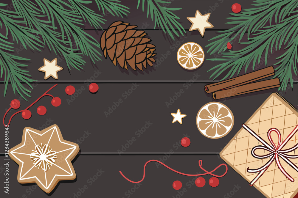 Christmas decoration, dark wooden background, pine branches, gold and red ornaments, pinecones, wrapped gifts, star-shaped cookies, cinnamon sticks, festive atmosphere, warm lighting, rustic holida