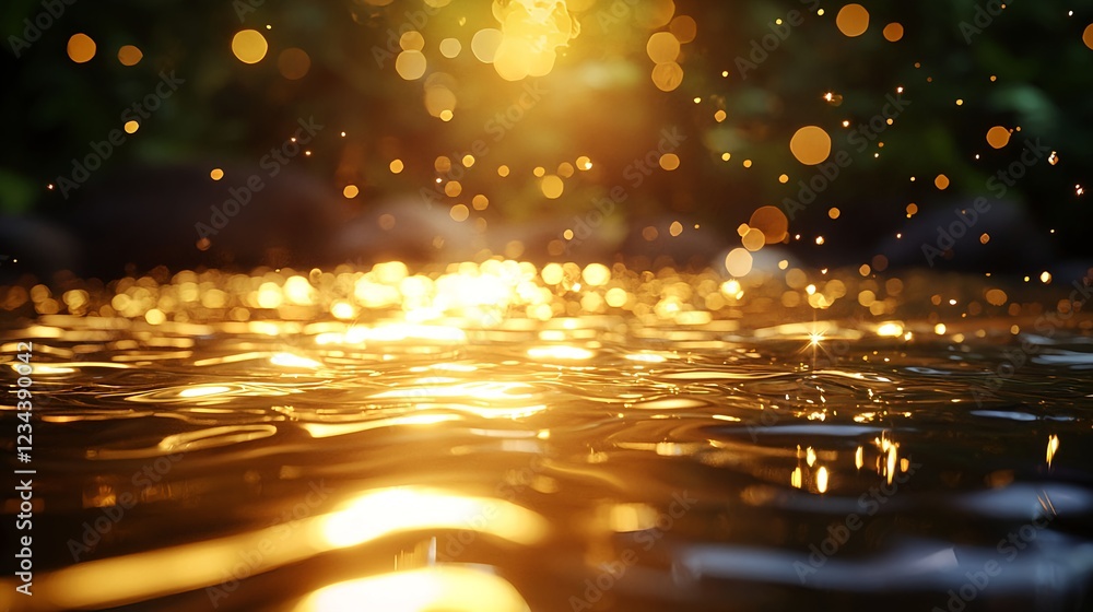 Naklejka premium Golden Hour Water Reflection Sparkling Bokeh Lights on Dark