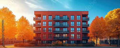 Sleek and modern urban apartment building surrounded by autumn trees