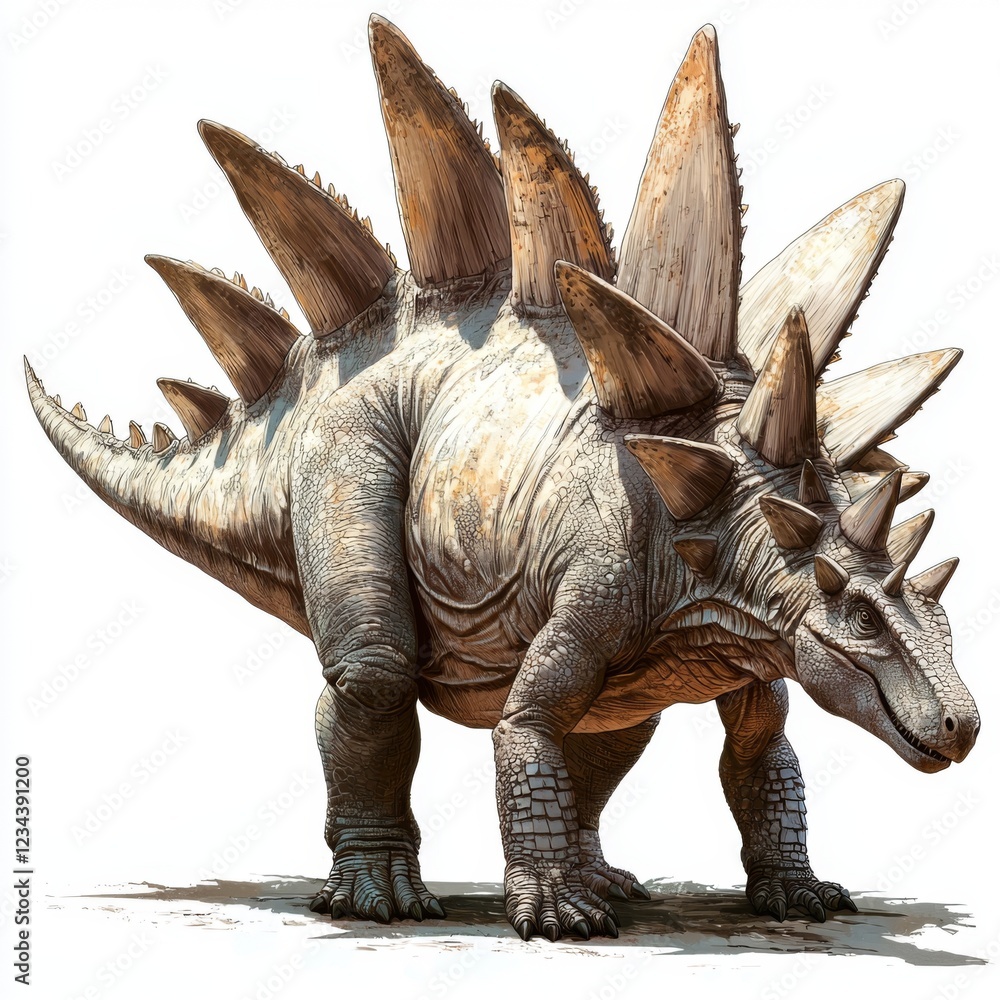 Fototapeta premium Detailed Illustration of a Stegosaurus in Natural Pose with Sharp Spikes and Rugged Skin Texture