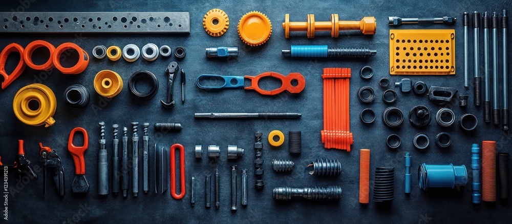 Assorted mechanical parts and tools spread on a dark surface. Assorted mechanical parts and tools spread on a dark surface.