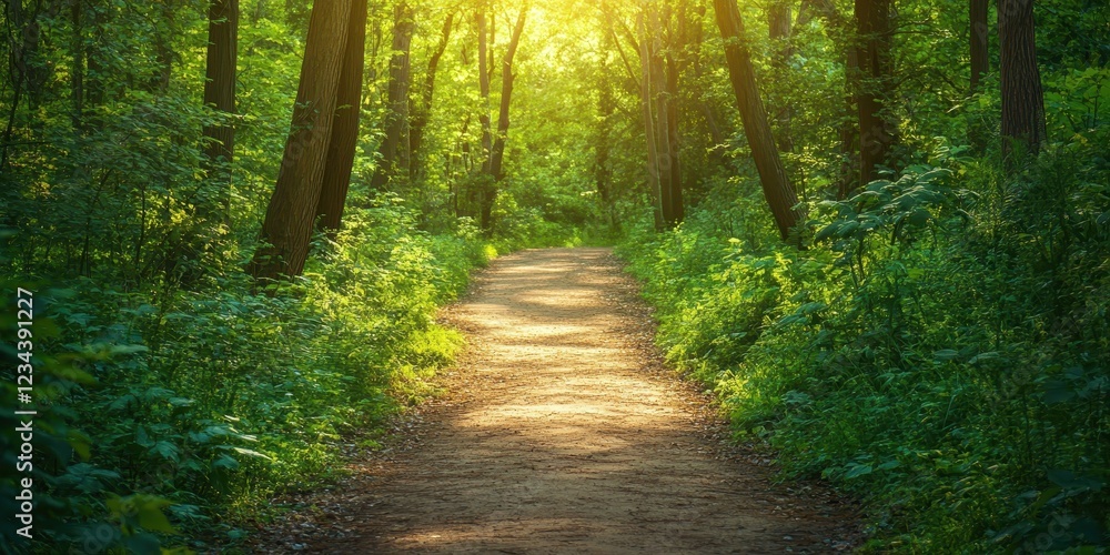 Fototapeta premium A serene forest pathway bathed in golden sunlight, perfect for nature walks and tranquility.