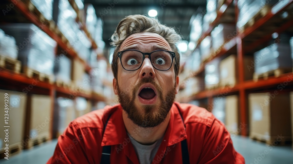 Shocked Engineer In Automated Logistics Warehouse Shocked Engineer In Automated Logistics Warehouse