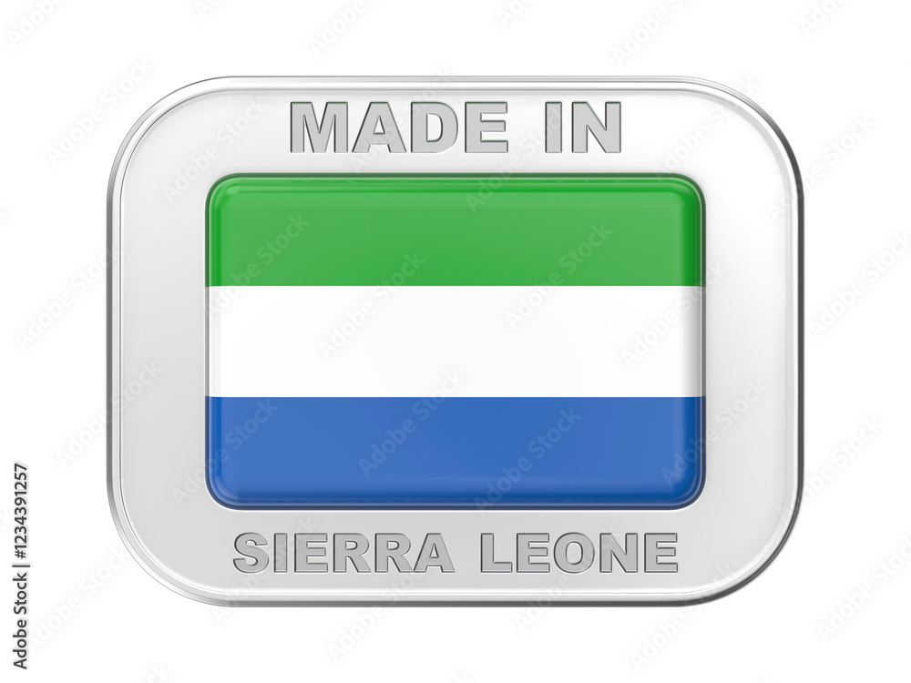 Made in Sierra Leone, silver badge with the national flag of Sierra Leone Made in Sierra Leone, silver badge with the national flag of Sierra Leone