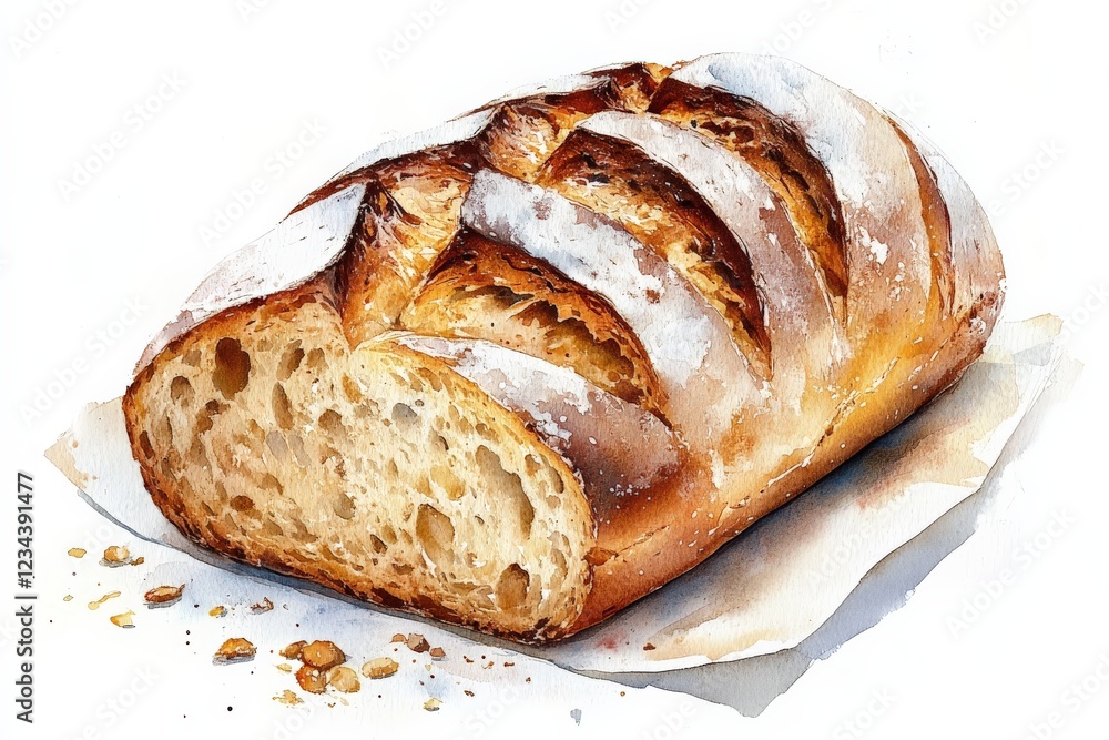 Freshly baked artisan bread loaf with a golden crust and soft interior on a parchment paper Freshly baked artisan bread loaf with a golden crust and soft interior on a parchment paper