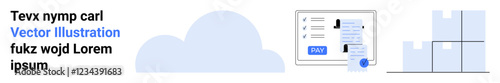Cloud graphic, payment form, and stacked boxes representing online payments, logistics integration, and inventory. Ideal for finance, logistics, e-commerce, automation software supply chain
